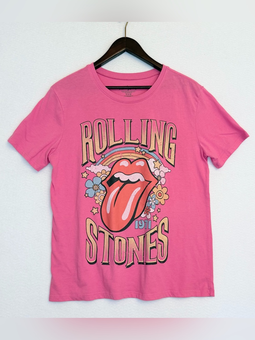 Rolling Stones Womens S Pink 1971 UK Tour Graphic T Shirt Band Tee Double Sided